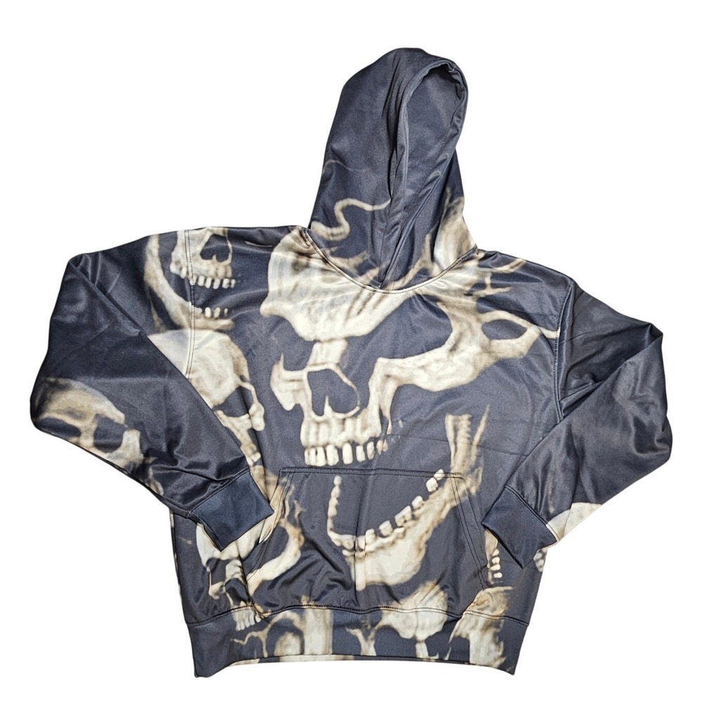 Winner Mens Skull Graphic Hoodie All Over Print Black Gray Sweatshirt Medium